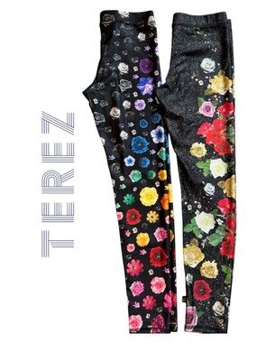Terez Ladies Black Floral Print Leggings - Multicolor Roses 2 pairs